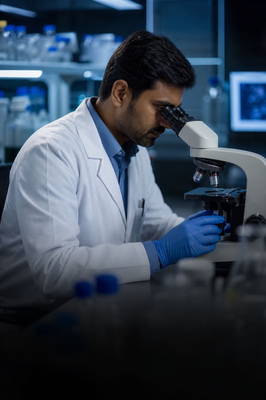 Indian scientist working with a laboratory microscope
